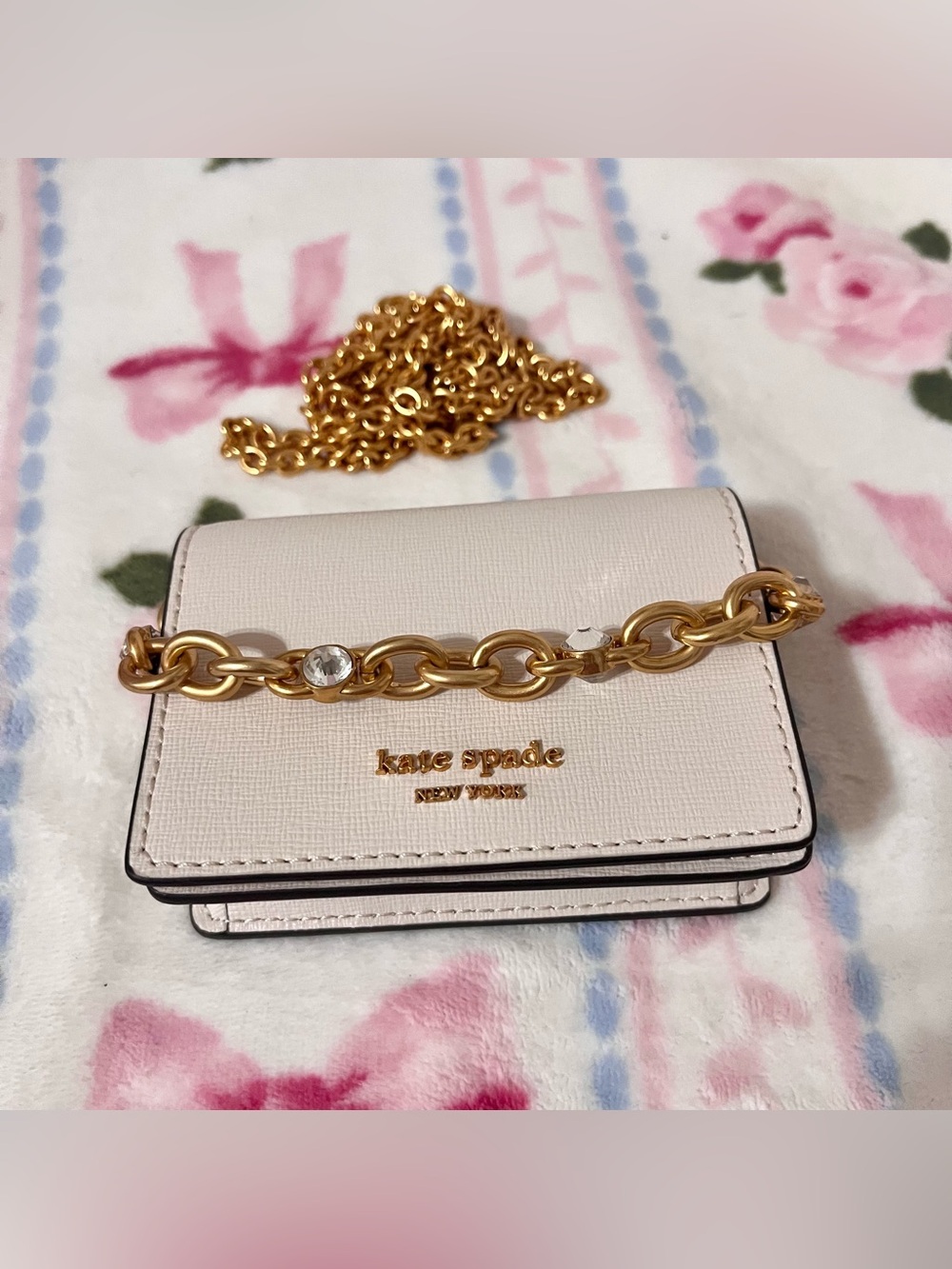 Embellished Chain Card Case Wallet in parchment